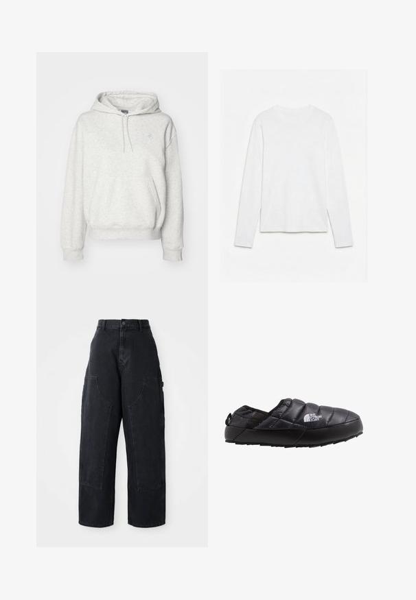 New Balance ESSENTIALS HOODIE - Hættetrøje - ash heather; Helt hvid langærmet t-shirt med rund hals lagt fladt på en hvid overflade, der viser fronten og hele ærmelængden.; Sorte denim cargo bukser med vidde og høj talje, to store forlommer og knaplukning i taljen. Glat tekstur, casual design.; Sort isoleret slip-on sko med quiltet overdel, gummisål og strukturel detaljering. Har en hæltrækstrop og branding på siden.
