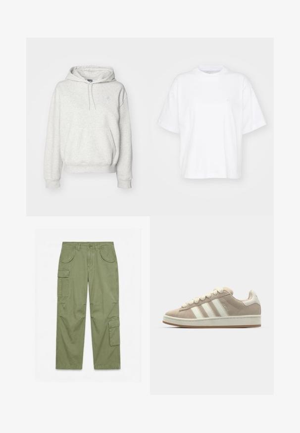 New Balance ESSENTIALS HOODIE - Mikina s kapucňou - ash heather; Biela bavlnená tričko s okrúhlym výstrihom, krátkymi rukávmi a voľným strihom. Obsahuje jemné logo na ľavej strane hrude. Hladká textúra.; Olivovo zelené cargo nohavice s viacerými klopovými vreckami, zapínaním na gombíky, pútkami na opasok a voľnými rovnými nohavicami na jednoduchom bielom pozadí.; Hnedé semišové tenisky s bielymi koženými pruhmi a šnúrkami, gumová podrážka, polstrovaný golier a textúrované detaily na vrchnej strane.