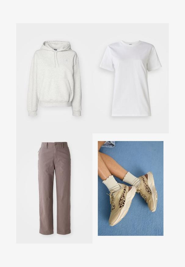 New Balance ESSENTIALS HOODIE - Jersey con capucha - ash heather; Camiseta blanca de algodón con cuello redondo y mangas cortas. La tela es suave con una textura agradable y sin patrones ni acentos visibles.; Pantalones de algodón de sarga marrón con corte recto, con cierre de botón frontal y bolsillos laterales, textura suave y líneas limpias.; Piernas cruzadas con zapatillas Puma beige con rayas de estampado de leopardo y calcetines crema con volantes sobre una alfombra azul.