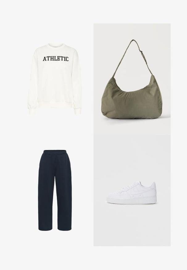 Sweatshirt blanc avec le texte "ATHLETIC" en noir, col camionneur, poignets et ourlet côtelés. Fabriqué en tissu doux, il présente une coupe décontractée et une texture lisse.; Kaffe KASIF - Pantalon de survêtement - midnight marine; Baskets blanches Nike Air Force 1 avec tige en cuir, bout rond, fermeture à lacets, col rembourré et semelle en caoutchouc texturé.; Sac à épaule en tissu doux vert olive avec fermeture éclair et bandoulière réglable sur un fond uni clair.