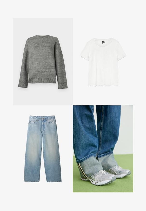 Grauer Strickpullover mit rundem Halsausschnitt, angeschnittenen Schultern und gerippten Bündchen und Saum. Glatte Textur in einer einheitlichen Farbe und mit minimalen Details.; Weißes T-Shirt mit kurzen Ärmeln und rundem Ausschnitt, hergestellt aus leichtem Stoff. Schlichtes Design, glatte Textur und gerader Saum.; Hellblaue Jeans mit weitem Bein, vorderem Knopf, Reißverschluss, Gürtelschlaufen und Calvin Klein-Logo auf der kleinen vorderen Tasche.; Graue Turnschuhe aus Mesh-Material mit weißen Akzenten, kombiniert mit blauen Jeans, die an den Knöcheln umgeschlagen sind.