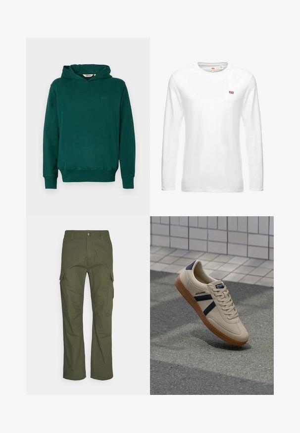 Groene pullover hoodie gemaakt van een katoenmix, met een voorkant met kangoeroezak, ribgebreide manchetten en een reliëflogo op de borst.; Witte lange mouwen t-shirt van katoen, met een ronde halslijn en een klein rood Levi's logo op de borst. Eenvoudig, klassiek ontwerp.; Cargo-broek in donkergroen olijf, met meerdere zijzakken, een rechte pasvorm en een duurzame stof met een gestructureerde afwerking.; Beige sneaker met een textuurafwerking, marineblauwe strepen en een rubberen zool. Heeft een gevoerde tong en een traditioneel vetersysteem voor een veilige pasvorm.