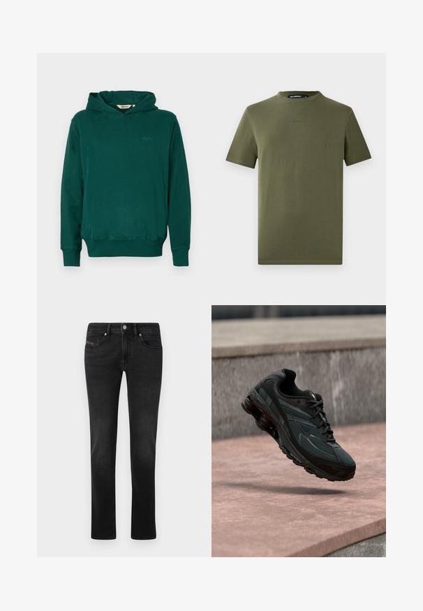 Groene pullover hoodie gemaakt van een katoenmix, met een voorkant met kangoeroezak, ribgebreide manchetten en een reliëflogo op de borst.; Olijfgroene katoenen t-shirt met een ronde hals en korte mouwen. Heeft een subtiele merkprint op de borst en een gladde textuur.; Zwarte spijkerbroek van denim met een rechte pijp design, voorzien van voor- en achterzakken, subtiele vervaging en een metalen knoopsluiting.; Zwarte atletische sneaker met zichtbare luchtgeveerde tussenzool die boven een roze stenen oppervlak zweeft met een grijze stenen muur op de achtergrond.