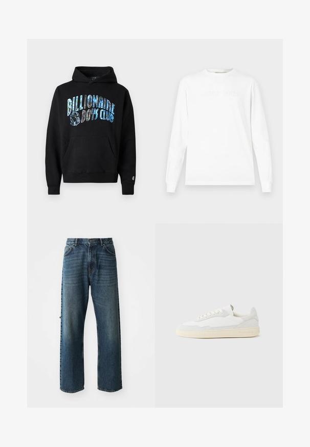 Sort hættetrøje med en rummelig lomme foran, med et flerfarvet "Billionaire Boys Club"-logo og astronautgrafik på brystet.; Hvid langærmet T-shirt i bomuld med præget tekst "LST801-WH25" på brystet, rund halsudskæring og manchetter på ærmerne.; NN.07 OTIS - Jeans Straight Leg - stonewashed; Hvid sneakers med en øvre del i tekstureret ruskind og læder. Har rundet tå, snørelukning og kontrasterende beige gummisål.