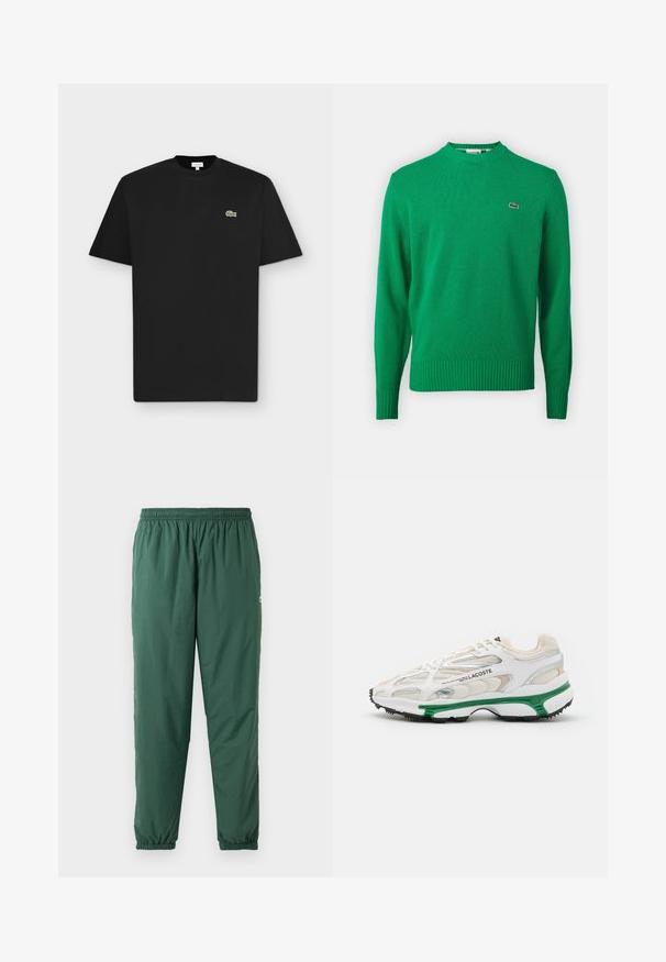Grøn strikket sweater med ribbet hals og nederste kant, prydet med et lille broderet logo på brystet. Lavet af et blødt, tekstureret stof.; Sort kortærmet crew neck t-shirt med et lille grønt krokodil-logo på venstre bryst på en lysegrå baggrund.; Grønne, lette, elastiske bukser med en rynket talje og manchetter, lavet af et glat, vandafvisende materiale.; Hvide sneakers med grønne accenter og sort gummisål. Har mesh- og syntetiske paneler med en struktureret overflade og synlige sømme.