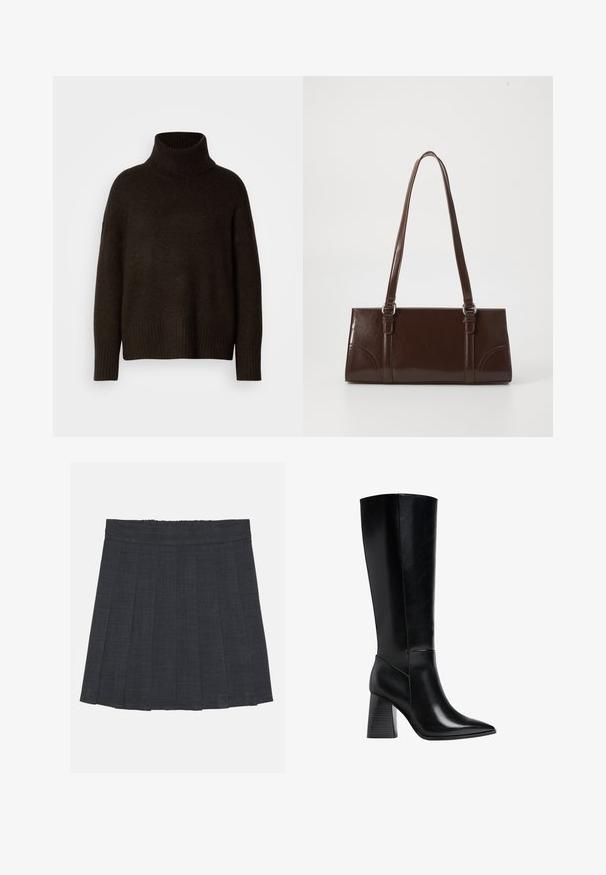 Mørkebrunt højhalset sweater, lavet af struktureret strikstof, med en afslappet pasform samt ribbede manchetter og kant.; Mørkegrå plisseret nederdel med elastisk talje, der har et struktureret stof og en klassisk A-formet silhuet. Velegnet til hverdag.; Sorte knæhøje støvler lavet af glat læder, med spids tå og en blokhælc med lodrette striber. Minimalistisk design.; Brun lakeret håndtaske med rektangulær form, to lange håndtag og subtile buede detaljer på fronten.