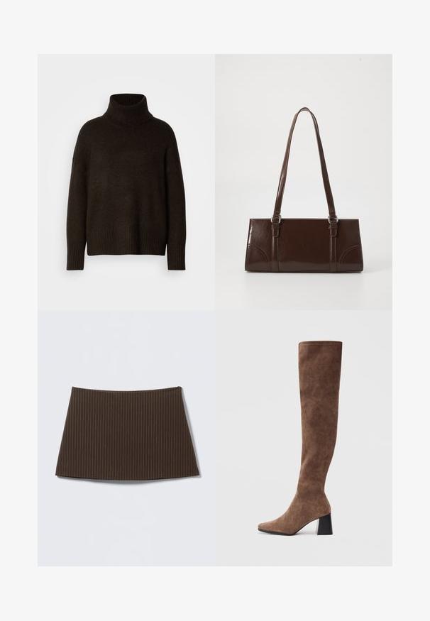 Mørkebrunt højhalset sweater, lavet af struktureret strikstof, med en afslappet pasform samt ribbede manchetter og kant.; Brun nederdel med nålestriber, tætsiddende design, glat tekstur og flared kant, ideel til et skræddersyet look.; Brune støvler over knæet lavet af blødt ruskind med spids tå og en kraftig sort hæl. Designet har sømløs syning for et elegant udseende.; Brun lakeret håndtaske med rektangulær form, to lange håndtag og subtile buede detaljer på fronten.