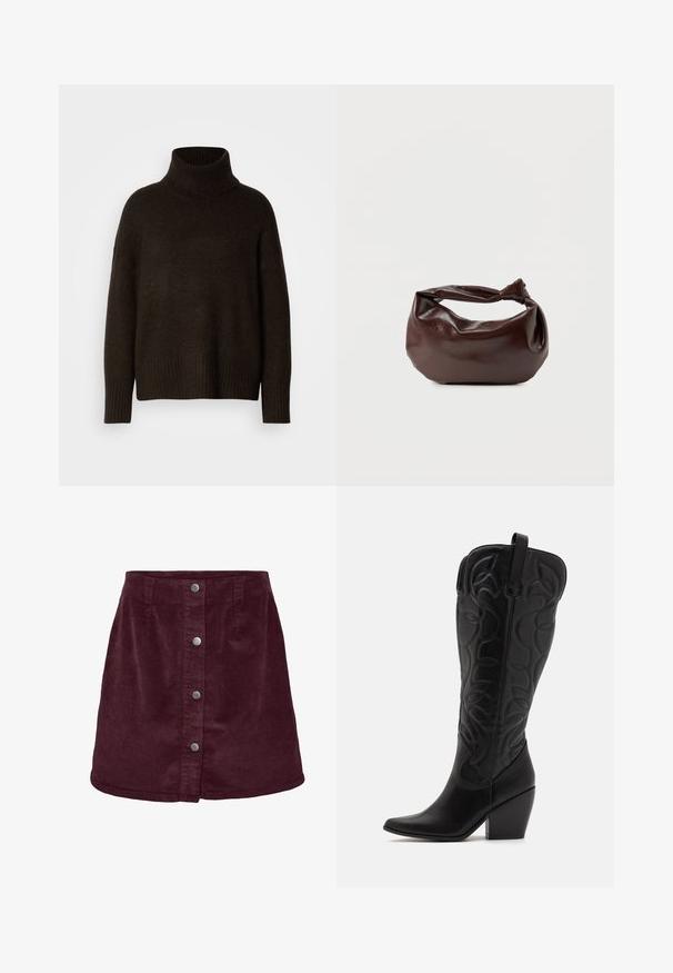Pull-over col roulé marron foncé, fabriqué en tissu tricoté texturé, avec une coupe décontractée et des poignets et un ourlet côtelés.; Jupe mini en velours côtelé bordeaux avec une forme évasée, dotée de cinq boutons argentés sur le devant et d'une texture côtelée subtile.; Bottes hautes en cuir noir jusqu'aux genoux avec bout pointu et talon empilé. Caractéristiques de coutures décoratives et éléments de design courbés.; Sac bandoulière en cuir marron foncé avec une forme souple et décontractée et une anse nouée torsadée sur un fond blanc uni.