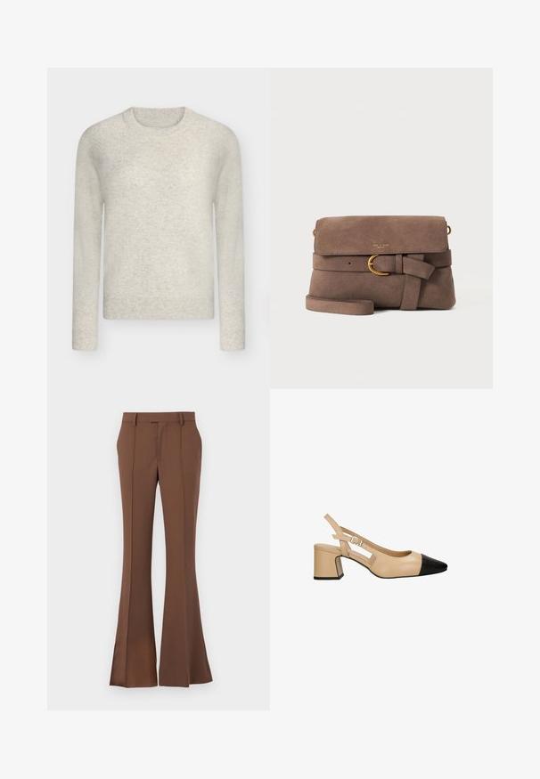 Licht beige trui met lange mouwen en een ronde hals, met geribde boordjes aan mouwen, zoom en hals, afgebeeld op een neutrale grijze achtergrond.; Bruine uitlopende broek van gladde stof, met een platte voorkant, riemlussen en een op maat gemaakte pasvorm met subtiele plooi-details.; Beige slingback hak met een zwarte lakleder teenkap, vierkante blokhak en een verstelbare band met gesp. Gladde textuur overal.; Bruine suède crossbodytas met voorflap, decoratieve band met gouden gesp en dunne schouderriem op een witte achtergrond.