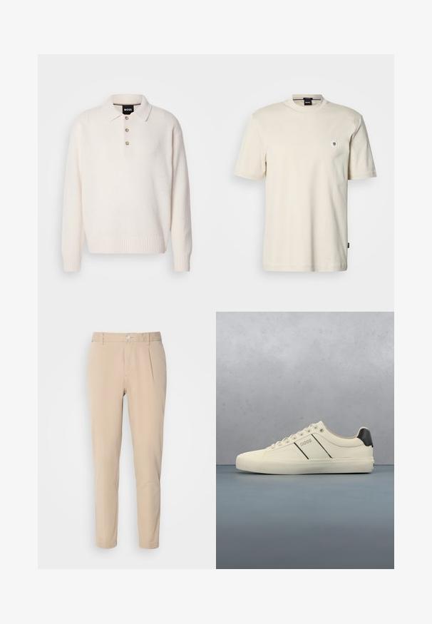 Cremefarvet langærmet strikket polo-sweater med tre knapper samt ribbede manchetter og kant, mærket BOSS på den indvendige krave.; Kortærmet t-shirt med rund hals i lysebeige bomuld. Har et lille rundt logo på brystet og en lige nederkant.; Beige bukser med en slim fit, lavet af vævet materiale. Har en enkelt knaplukning, plisseret front og lige ben.; Cremefarvede sneakers med en glat tekstur, der har sorte accenter og branding. Klassisk snørebåndsdesign med rund tå og gummisål.