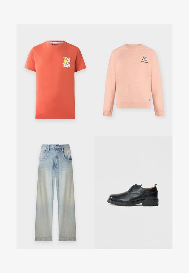 Lichtroze sweatshirt met lange mouwen, geribde manchetten, ronde hals en een kleine zwart-witte logopatch met tekst op de linkerborst bovenaan.; Korte mouwen t-shirt in koraalkleurige katoen. Bevat een witte grafische opdruk met tekst en een glimlachend gezicht op de linkerkant van de borst. Ronde halslijn.; Lichtblauwe denim jeans met brede pijpen, voorzakken, knoopsluiting en vervaagde plekken op de dijen en onderbenen.; Zwarte leren derby schoenen met een gladde textuur, ronde neus, vetersluiting en een dikke, robuuste rubberen zool.