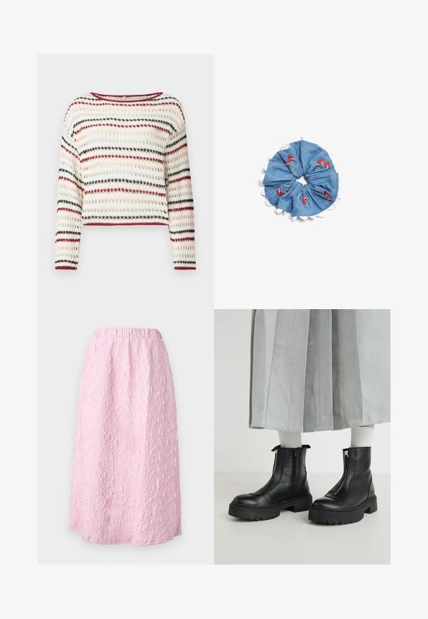 Hæklet sweater med lange ærmer, rund halsudskæring; har skiftende striber i creme, rød, navy og lyserød; tekstureret mønster.; Lys rosa, knælang nederdel med en tekstureret, krøllet design. Elastisk talje for komfort og nem påklædning. Ingen synlig lukning.; Sorte læder ankelstøvler med en kraftig sål, prydet med en frontlynlås og stikninger. Båret med hvide ribbede sokker og en lys nederdel.; Denim scrunchie med hvid bølget kant, der har røde og grønne broderede blomsterdesigns på en blå baggrund.