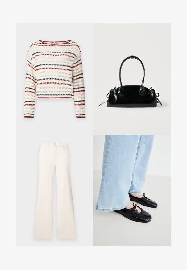 Hæklet sweater med lange ærmer, rund halsudskæring; har skiftende striber i creme, rød, navy og lyserød; tekstureret mønster.; ONLY Wide-fit ONLMADISON High waist Wide Leg Fit - Wide leg - ecru; Sorte læder balletflade med rund tå, der har udskæringer og sløjfekvaster, båret med lyseblå viddejeans.; Lille sort blank håndtaske med to lange håndtag og snøre-detaljer i siden på en ensfarvet lys baggrund.
