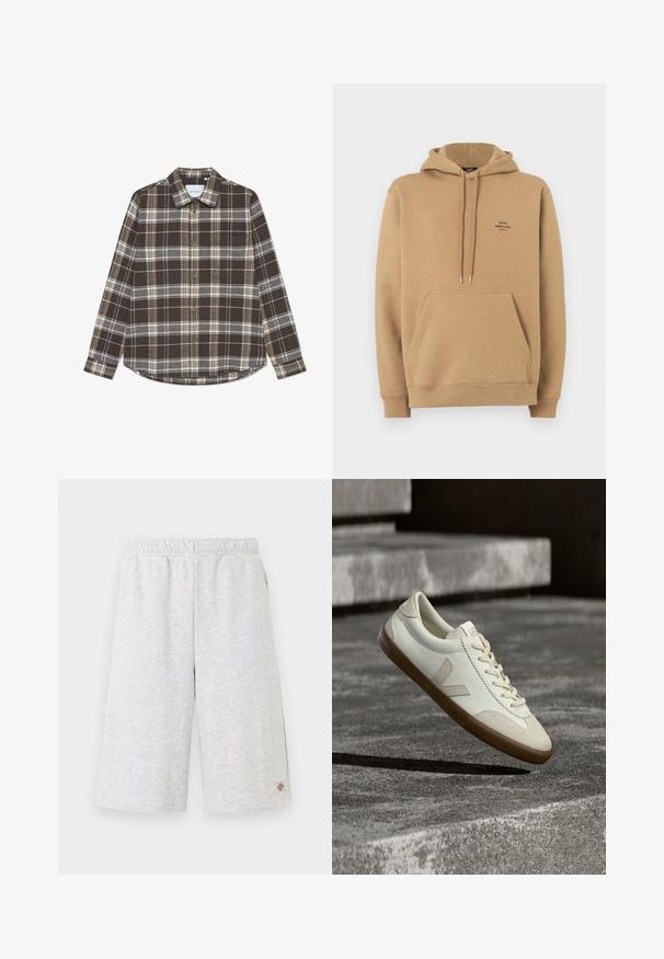 Beige bomulds hætte sweatshirt med en frontlomme, ribbede manchetter og et lille logo på brystet. Har en hætte med snor og en blød tekstur.; Brunternet button-up skjorte lavet af flannel, med hvide og grå linjer, en spidse krave og en afrundet kant.; Lysegrå knælange shorts med elastisk taljebånd og lille mærkelogo på venstre ben nederst.; Hvide læder sneakers med tanfarvet gummisål, flade snørebånd og V-formet detalje på siden. Har en glat overflade og minimale syninger.