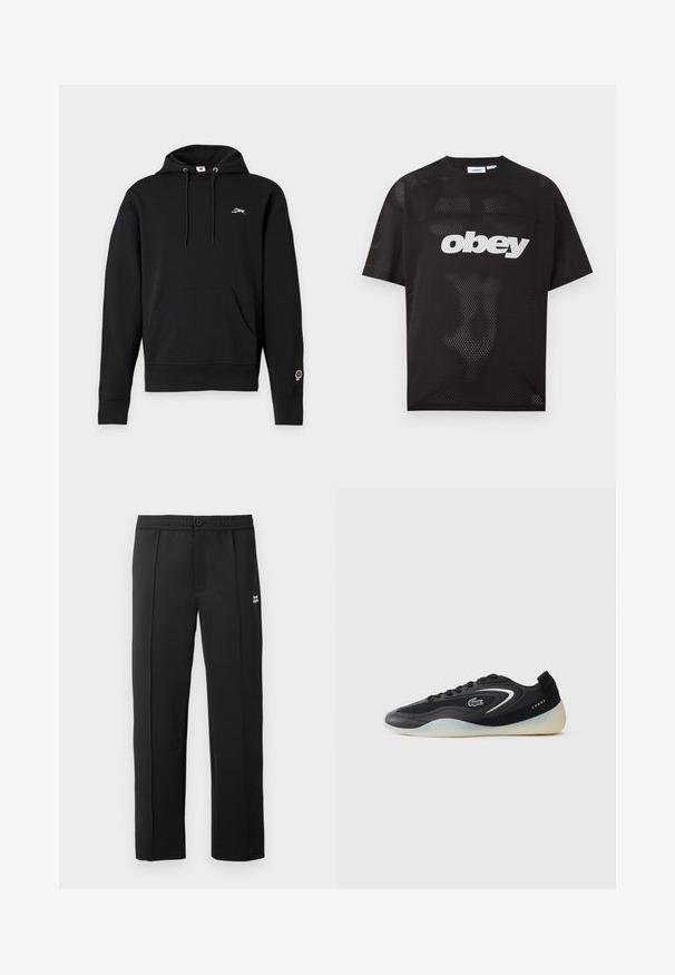 Must kapuutsiga dressipluus esitasku, rinnal väike jooksev koer logo ja parema varruka manseti jäätise plaastriga.; Mustast lühikeste varrukatega võrgust t-särk, millel on valge „obey“ logo rinnal, ümmargune kaelus ja lõdvestunud istuvus.; Mustadest siledast kangast püksid, millel on nupuga sulgemine, küljetaskud ja väike logo ees. Sirge jala disain.; Must mustusjalats, millel on voolujooneline disain, mis sisaldab võrkmaterjale ja sünteetilisi materjale, tekstuuriga tallad ning silmapaistev logo külgedel.