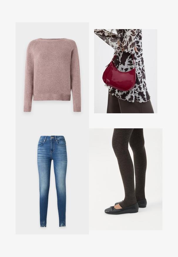 Pull rose clair en tissu doux, avec un col rond, des manches longues et des détails de bord-côte. Design simple sans embellissements.; Jean skinny taille haute bleu avec détails délavés sur les cuisses, style cinq poches, fermeture par bouton et zip, et ourlets effilochés.; Jambes portant des leggings côtelés foncés associés à des ballerines noires avec de petits détails en nœud sur fond blanc.; Femme portant un chemisier à motif noir et blanc tenant un sac à main rouge brillant sur un fond uni.