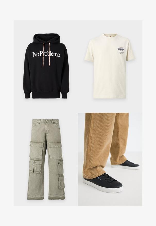 Sort hættetrøje lavet af bomuld, med et hvidt "No Problemo" tekstdesign foran. Inkluderer snoretræk med et rødt og hvidt mønster.; Off-white kortærmet T-shirt med rund hals og lille Timberland-logo samt tekst på venstre bryst, der siger "Established 1973 NH, USA."; Cargo-bukser i lys olivengrøn med flere store lommer, en bred benstil og råkant-detaljer. Fremstillet af slidstærkt stof.; Sorte lædersneakers med hvide gummisåler. Båret med tanfarvede corduroybukser med vertikale ribber og en afslappet pasform.