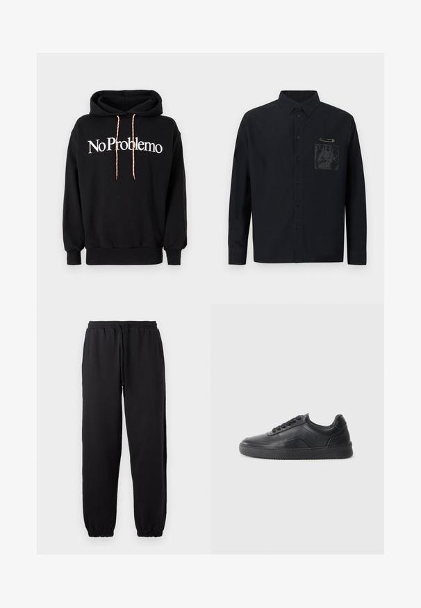 Sort hættetrøje lavet af bomuld, med et hvidt "No Problemo" tekstdesign foran. Inkluderer snoretræk med et rødt og hvidt mønster.; Sort skjorte med knapper og lange ærmer, med en frontlomme og grafisk tryk. Inkluderer en sikkerhedsnål som detalje nær lommen.; Sorte joggingbukser lavet af blødt stof, med elastisk talje og justerbar snor, samt manchetter ved bunden.; Sorte lædersneakers med en glat finish, rund tå, struktureret sidelæder og sorte snørebånd. Har en flad gummisål og et minimalistisk design.