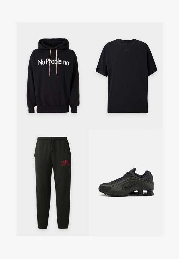 Sort hættetrøje lavet af bomuld, med et hvidt "No Problemo" tekstdesign foran. Inkluderer snoretræk med et rødt og hvidt mønster.; Sort kortærmet T-shirt lavet af letvægtsstof, med rund hals, raglanærmer og et diskret logo på brystet.; Sorte sweatpants med elastisk talje og manchetter, sidelommer og rødt Umbro-logo på venstre lår.; Sorte løbesko med en glat syntetisk overdel, perforerede detaljer, teksturerede sidedele og en distinkt fjedrende sål.