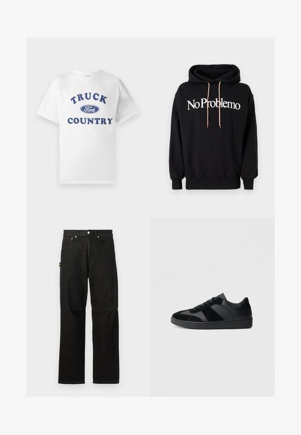 Sort hættetrøje lavet af bomuld, med et hvidt "No Problemo" tekstdesign foran. Inkluderer snoretræk med et rødt og hvidt mønster.; Hvid bomulds t-shirt med blå trykt tekst "TRUCK COUNTRY" og et blåt ovalt "Ford"-logo i midten. Korte ærmer og rund hals.; Sorte denimbukser med lige ben design, med forlommer, knappelukning og minimal hardware for et rent look.; Sorte sneakers med en kombination af glat læder og ruskind, med en tekstureret sort gummisål og subtil stripingdetalje.