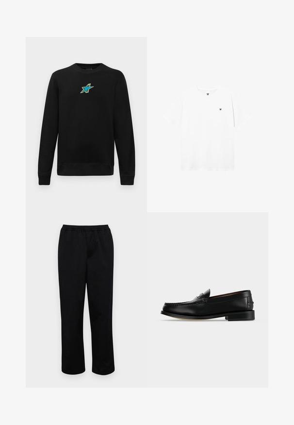 Schwarz langärmliger Rundhals-Sweatshirt mit einem kleinen gestickten blauen und grünen Sternmotiv in der Mitte der Brust.; Weißes T-Shirt mit kurzen Ärmeln und Rundhalsausschnitt, mit einem kleinen runden Logo, das ein schwarzes "W" auf der linken Brustseite zeigt.; Schwarze, mittellange Hosen mit elastischem Bund. Aus glattem Stoff gefertigt, mit lockerem Schnitt und ohne sichtbare Taschen oder Verzierungen.; Schwarzer Leder-Herrenschuh (Loafer) mit niedrigem Absatz und Mokassin-artiger Naht am Zehenbereich, seitlich auf einfarbigem Hintergrund dargestellt.