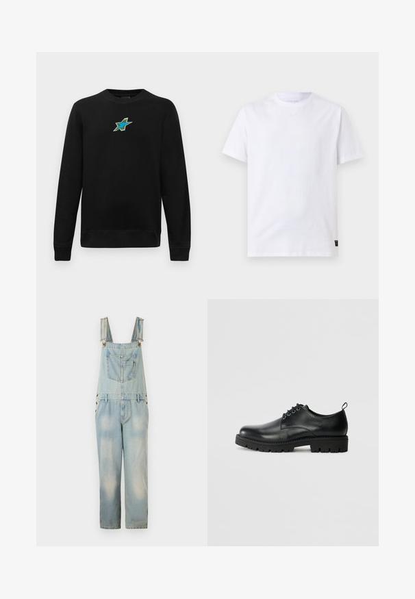 Sudadera negra de manga larga con cuello redondo, con un pequeño diseño de estrella bordado en azul y verde centrado en el pecho.; Camiseta blanca lisa de manga corta con cuello redondo y una pequeña etiqueta negra de cuidado en el bajo, sobre un fondo gris claro.; Breteles de mezclilla azul claro con tirantes ajustables, bolsillos en el pecho y los laterales, y un corte holgado y corto. Presenta zonas descoloridas.; Zapato de cuero negro con punta redonda, que presenta un diseño de cordones, suela negra de goma resistente y una pequeña lengüeta en el talón.