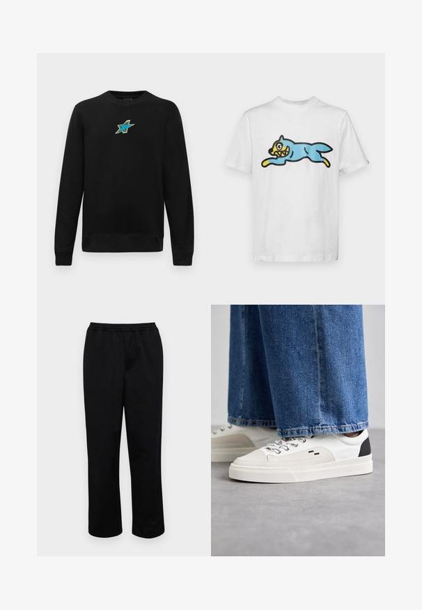 Zwarte lange mouwen crewneck sweatshirt met een klein geborduurd ontwerp van een blauwe en groene ster, gecentreerd op de borst.; Witte katoenen t-shirt met een blauwe cartoonkat met een gele gezicht en scherpe tanden, gepositioneerd in een springende houding.; Zwarte, halflange broeken met een elastische tailleband. Gemaakt van een soepel stof, met een ontspannen pasvorm en zonder zichtbare zakken of versieringen.; Witte en zwarte sneakers met een glad leren bovenwerk, textuuraccenten en een chunky witte zool. Heeft een klassiek vetersluiting ontwerp.