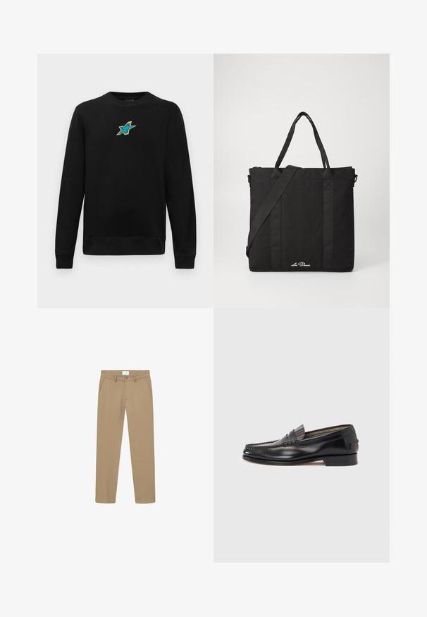 Zwarte lange mouwen crewneck sweatshirt met een klein geborduurd ontwerp van een blauwe en groene ster, gecentreerd op de borst.; Beige broek met een gladde textuur, rechte pijpdesign, voorzakken en een knoopsluiting. Label zichtbaar bij de taille.; Zwarte leren loafers met een mocassin-stijl ontwerp, voorzien van een decoratieve band en stiksel detail op het bovenwerk. Lage blokhak.; Zwarte tote bag gemaakt van duurzaam materiaal met twee bovenhandvaten en een afneembare schouderriem. Voorzien van een ritssluiting en zijaccenten.