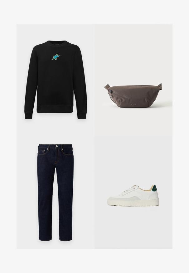 Zwarte lange mouwen crewneck sweatshirt met een klein geborduurd ontwerp van een blauwe en groene ster, gecentreerd op de borst.; Donkerblauwe denim jeans met een recht model, voorzien van oranje stiksels, vijf zakken en een knoopsluiting aan de voorkant.; Witte sneaker met suède accenten, ronde neus, platte veters en een crème rubberen zool. Bevat groene branding op de hiel.; Donkerbruine stoffen heuptas met diagonale ritssluiting en klein wit logo aan de voorkant, tegen een effen lichte achtergrond.