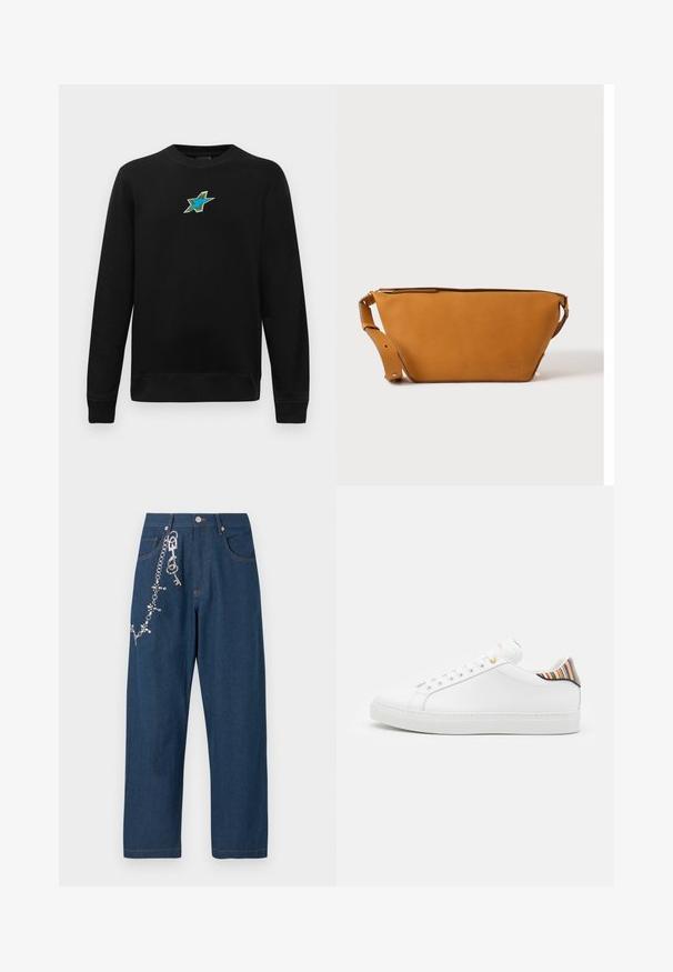 Zwarte lange mouwen crewneck sweatshirt met een klein geborduurd ontwerp van een blauwe en groene ster, gecentreerd op de borst.; Donkerblauwe denim wide-leg jeans met een ketting met rhinestones aan de linkerkant, en zichtbare oranje stiksels op de zakken en de zoom.; Witte leren sneaker met een gladde afwerking, voorzien van een kleurrijke gestreepte accent op de hiel, gouden oogjes en een vlakke witte zool.; Lichtbruine leren crossbodytas met verstelbare band en ritssluiting, getoond tegen een effen lichte achtergrond.