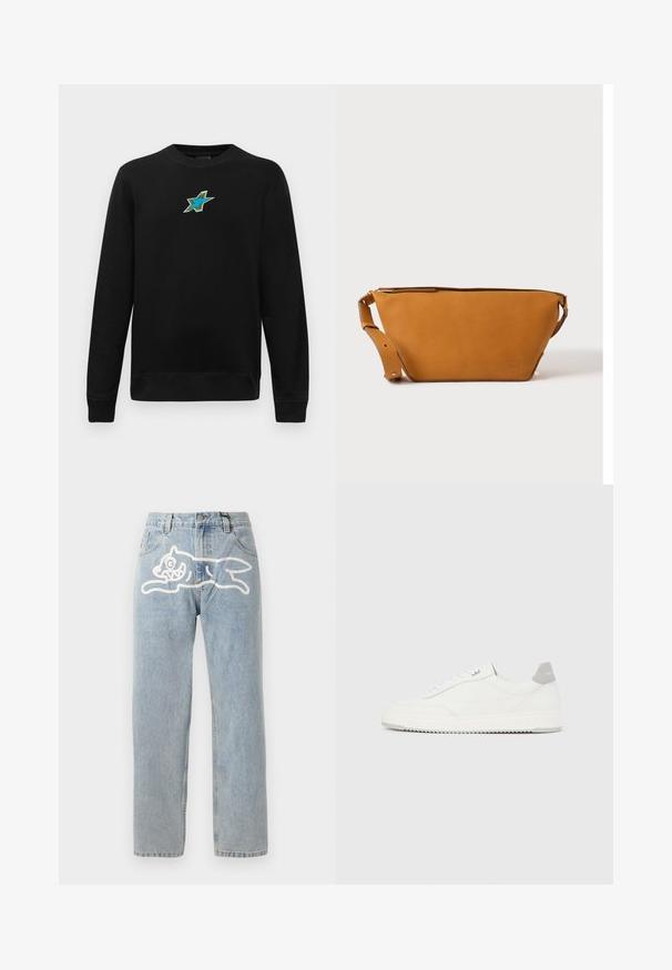 Sort langærmet crewneck sweatshirts med et lille broderet blågrønt stjernedesign centreret på brystet.; Lyselavendel denim jeans med en lige pasform, der har et stort hvidt grafik af en kat på ryggen. Klassisk fem-lommers design.; Hvid lavtop-sneaker med gråt hælflig, hvide snørebånd og tekstureret sål, vist på en ensfarvet lys baggrund.; Lys brun læder crossbody taske med justerbar rem og lynlås, vist mod en ensartet lys baggrund.