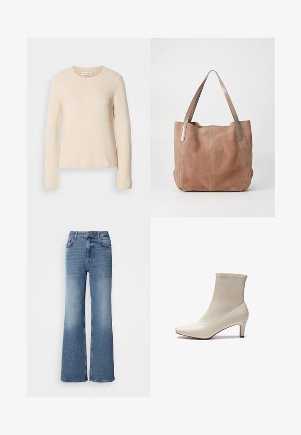 Crème-kleurige, lange mouwtrui van textiel met een ronde halslijn, met een zachte, pluizige afwerking en een ontspannen pasvorm.; Mos Mosh MAI - Straight leg jeans - blue wash; Witte enkelboot gemaakt van glad leer met een spitse neus en een korte, taps toelopende hak. Beschikt over een minimalistisch ontwerp en een naadloos bovenwerk.; Anna Field LEATHER - Shopper - taupe