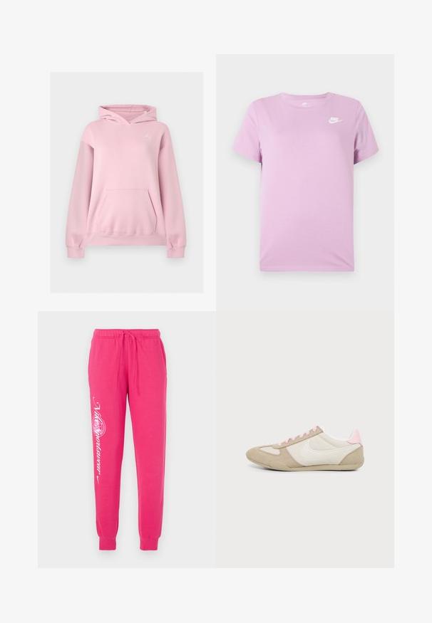 Lichtroze hoodie met voorvak en klein wit Jumpman-logo aan de linkerkant van de borst.; Lila Nike T-shirt met korte mouwen en wit Nike-logo op de bovenste linkerborst, ronde halslijn en een effen stoffen achtergrond.; Roze trainingsbroeken van zacht materiaal, met een trekkoord in de taille, taps toelopende boorden en witte grafische tekst op het linkerbeen.; Lage beige-witte sneaker met roze accenten en veters, met een groot wit swoosh-logo aan de zijkant.