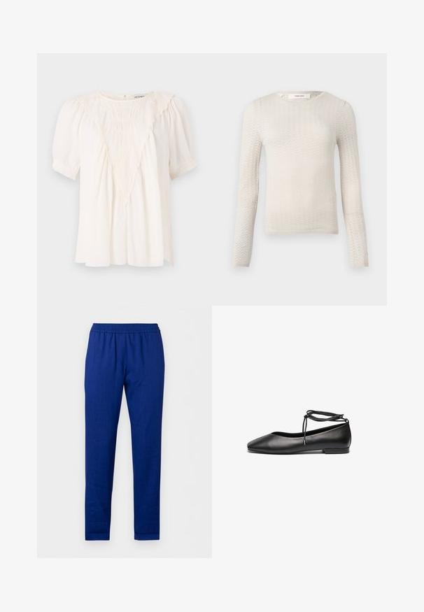 Kermanvärinen, pitkähihainen neulepaita, jossa on hienovarainen viistemäinen kuvio ja pyöreä pääntie. Kauluksessa on "Selected" -merkintä.; Vaalean kerma blouse, joka on valmistettu tekstuurista kankaasta ja jossa on V-muotoinen röyhelötyö yksityiskohtana edessä, lyhyet puffi hihat ja rento malli.; Siniset suoralahkeiset housut, joissa on joustava vyötärökuminauha ja jotka on valmistettu kevyestä kankaasta. Housut on esitetty valkoisella taustalla.; Mustat nahka ballet-sandaalit, jossa on terävä kärki, tasainen korko ja nilkkaan kiedottava nauhat. Sujuva pinta, minimalistinen muotoilu.