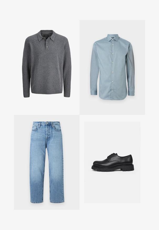 Suéter gris de punto con mangas largas, puños y dobladillo acanalados, cuello con solapa y tapeta con tres botones.; Camisa abotonada azul claro con un patrón texturizado, mangas largas y un cuello clásico. Presenta botones blancos y un dobladillo curvado.; Vaqueros de mezclilla azul claro con diseño de pierna recta, cintura alta, cinco bolsillos y un ligero desvanecimiento. Cuentan con cierre de botón y trabillas para el cinturón.; Zapato negro de cuero con cordones, suela gruesa con tacos, puntera redondeada y detalles cosidos, mostrado de perfil sobre un fondo liso.