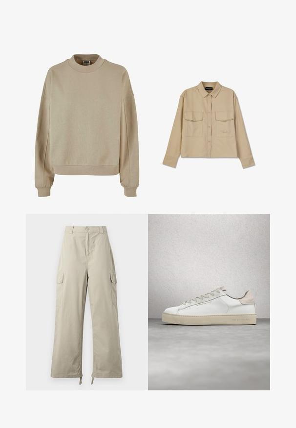 Beige sweatshirt med høj krave, ribbede manchetter og afslappet pasform. Materialet ser blødt ud med en tekstureret overflade.; Beige langærmet skjorte lavet af blødt stof, med knaplukning, to brystlommer og lige kant. Subtil logo broderi foran.; Lys beige cargo bukser med en afslappet pasform, der har knaplukning, sidelommer og justerbar kant med snore. Glat stoftekstur.; Hvide lædersneakers med en glat overflade, beige ruskindsdetaljer, rund tå, flad snørebåndsdesign og en struktureret gummisål.