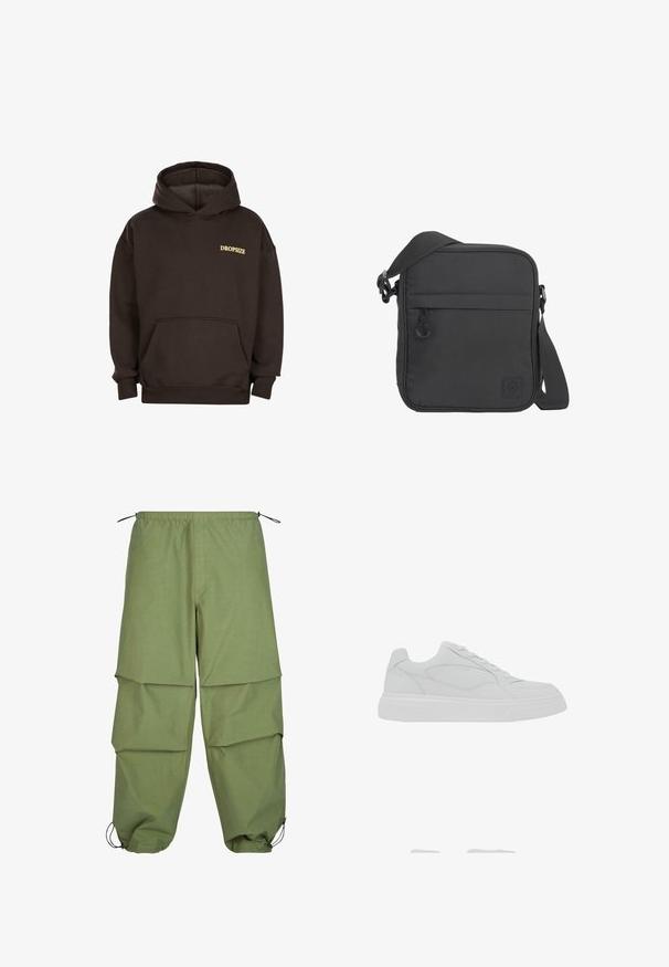 Sudadera con capucha de color marrón oscuro, con bolsillo frontal y texto amarillo "DROPSIZE" en el lado izquierdo del pecho.; Pantalones cargo ligeros de color verde oliva, con cintura elástica, diseño en capas y puños ajustables con cordón. Fabricados con una tela lisa y duradera.; Zapatilla deportiva blanca de corte bajo con cierre de cordones, parte superior de cuero liso y suela gruesa de goma, mostrada desde el lado exterior.; Bolso bandolera cuadrado negro con correa de hombro ajustable, bolsillo frontal con cremallera y pequeño parche de logo cosido en la esquina inferior derecha.