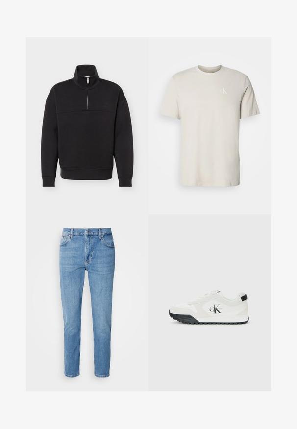 Sudadera negra con media cremallera, mangas largas, puños y dobladillo acanalados, y cuello alto, sobre un fondo blanco liso.; Camiseta beige de algodón con cuello redondo y mangas cortas, con pequeño logo blanco "cK" en el lado izquierdo del pecho.; Vaqueros de mezclilla azul claro con corte recto, diseño de cinco bolsillos y un sutil desgastado. Presentan un cierre de botón y pasadores para cinturón.; Zapatilla blanca de Calvin Klein con suela negra, paneles de ante y malla, logo CK en el lado y marca Calvin Klein en el talón y la suela.