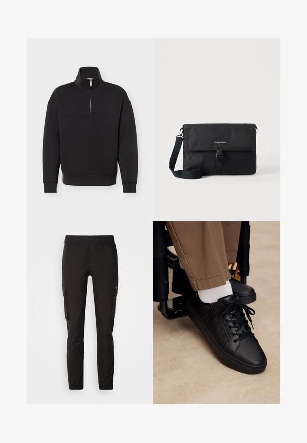 Sudadera negra con media cremallera, mangas largas, puños y dobladillo acanalados, y cuello alto, sobre un fondo blanco liso.; Pantalones cargo negros hechos de una tela ligera, con una cintura elástica, bolsillos laterales y piernas ajustadas con puños ajustables.; Zapatilla deportiva de cuero negro con cordones y cremallera lateral, usada con calcetines blancos y pantalones marrones, pie apoyado en el reposapiés de una silla de ruedas.; Bolso mensajero negro de Calvin Klein con correa de hombro ajustable y solapa frontal asegurada con una hebilla, mostrado sobre un fondo liso.