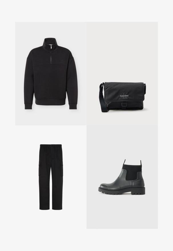 Sort kvart-lynlås pullover sweatshirt med lange ærmer, ribbede manchetter og kant samt en høj krave mod en ensartet hvid baggrund.; Sorte straight-leg cargobukser med elastisk talje, knaplukning og to klaplommer på siderne.; Sorte ankelstøvler lavet af gummi med en mat finish, der har et strømlinet design, elastiske paneler og en kraftig sål for godt greb.; Sort messenger-taske lavet af holdbart stof med klaplukning, frontspænde og Calvin Klein-logo i sølv. Justerbar rem inkluderet.