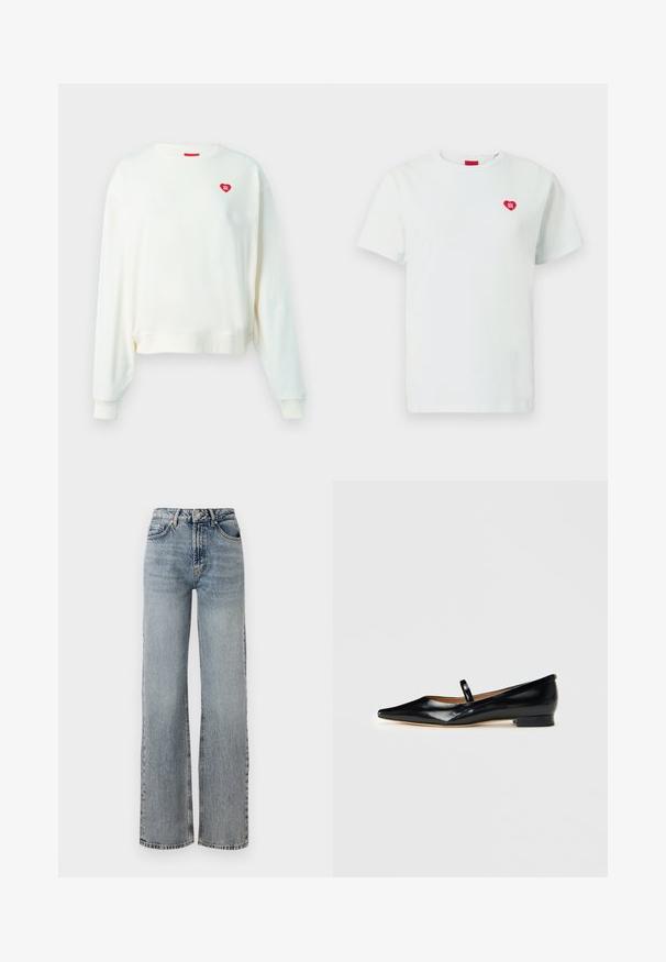 Lyscreme sweatshirt med lange ærmer, ribbet halsudskæring og manchetter. Har et lille rødt hjerte-logo på brystet. Blød stofstruktur.; Hvid bomulds t-shirt med korte ærmer, rund halsudskæring og et lille rødt hjerte-logo med "HUGO" på venstre bryst.; Lyseblå denimjeans med høj talje, vidde ben, falmet finish og diskret slidte detaljer. Klassisk fem-lomme stil.; Sorte patenterede læder Mary Jane flade sko med spids tå, én rem og lav hæl på ensfarvet baggrund.