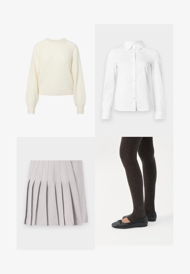 Pull en maille crème à manches longues avec un col rond côtelé, des poignets et un ourlet.; Chemise blanche à manches longues avec boutons, col pointu, ourlet droit et silhouette ajustée, présentée sur un fond clair uni.; Jupe plissée grise au toucher lisse, dotée de multiples plis verticaux et d'une taille ajustée. Fabriquée en tissu léger.; Jambes portant des leggings côtelés foncés associés à des ballerines noires avec de petits détails en nœud sur fond blanc.
