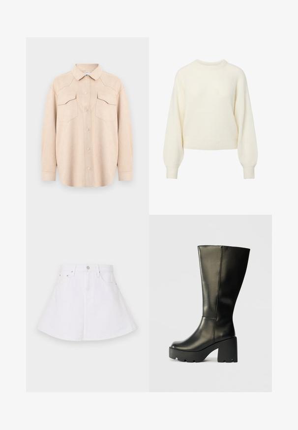 Pull en maille crème à manches longues avec un col rond côtelé, des poignets et un ourlet.; Chemise beige clair à manches longues avec col, fermeture à boutons et deux poches poitrine à rabat, présentée sur un fond clair uni.; Jupe en denim blanc au design évasé, avec une taille ajustée, cinq poches et une fermeture à bouton à l'avant. Texture lisse.; Botte noire en cuir jusqu'au genou avec un épais talon plateforme texturé noir. Présente une surface lisse et un design vertical épuré.