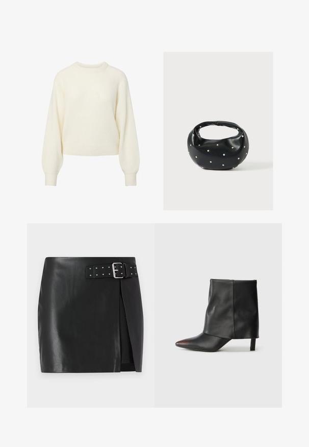 Pull en maille crème à manches longues avec un col rond côtelé, des poignets et un ourlet.; Mini-jupe en simili cuir noir avec une ceinture réglable comportant une boucle en argent et des clous décoratifs, design à enroulement avant et texture lisse.; Bottine noire en cuir lisse avec un bout pointu et un talon effilé. La tige présente un design légèrement froncé.; Sac à main en cuir noir de forme arrondie, décoré de clous argentés et équipé d'une poignée courte. Texture lisse et fermeture éclair.
