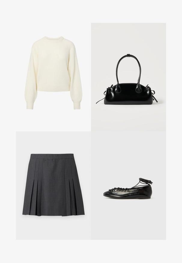 Crème-kleurige lange mouwen gebreide trui met een geribbelde ronde halslijn, manchetten en zoom.; ONLY ONLMARION PLEAT SKIRT - Minirok - dark grey melange; Zwarte ballerina's van lakleer met een afgeronde neus, veterdesign en een platte zool. Glad oppervlak met minimale details.; Kleine zwarte glanzende handtas met twee lange hengsels en zijkant trekkoord details op een effen lichte achtergrond.