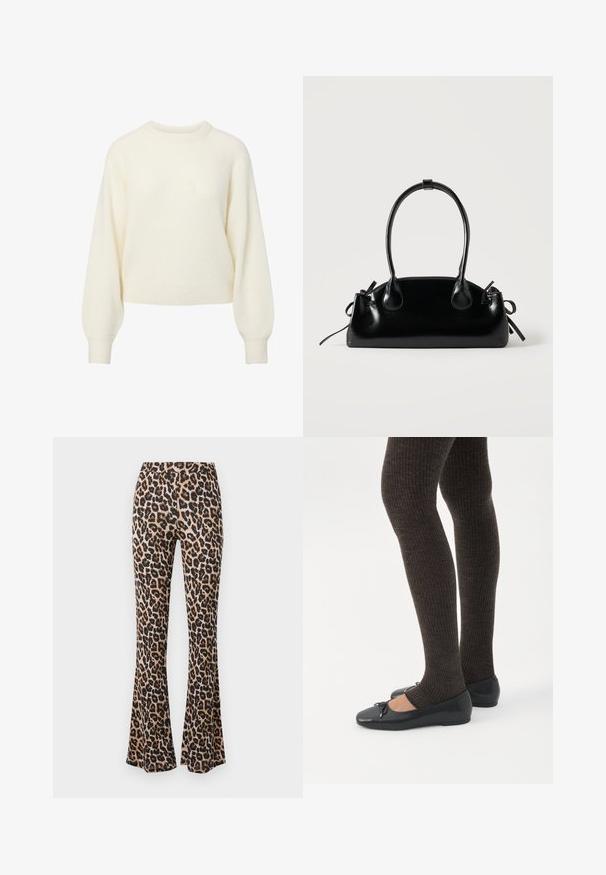 Suéter de punto de manga larga color crema con cuello redondo acanalado, puños y dobladillo.; Pantalones acampanados de estampado de leopardo en tono marrón y negro, hechos de una tela suave con una textura lisa, con una cintura ajustada y un dobladillo acampanado.; Piernas con leggings oscuros acanalados combinados con bailarinas negras que presentan pequeños detalles de lazo sobre un fondo blanco.; Pequeño bolso negro brillante con dos asas largas y detalles de cordón lateral sobre un fondo claro liso.