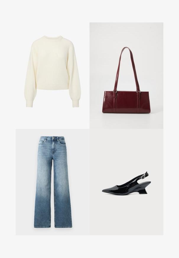 Cremefarvet langærmet striktrøje med ribbet rund hals, manchetter og kant.; Vide ben jeans i lys blå vask, med høj talje, fem-lomme design og subtil falmen på stoffet. Klassisk metalknap lukning.; Sort laklæder slingback sko med spids tå og lav vinklet blokhæl på ensartet lys baggrund.; Bordeaux håndtaske lavet af glansfuldt materiale, rektangulær form, med to skulderremme og subtile buede detaljer på forsiden.