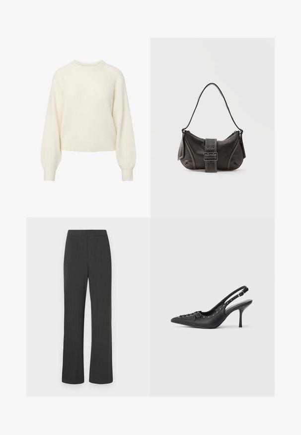 Cremefarvet langærmet striktrøje med ribbet rund hals, manchetter og kant.; Sorte stribede bukser med lige ben, der har en elastisk talje og et glat, struktureret stof.; Sorte læder slingback stiletto med spids tå, side spændebånd, nitter langs kanten og dekorativ snøring foran.; Sort læder skuldertaske med spænde på remmen, afrundede kanter og kontrasterende hvide syninger på en ensfarvet baggrund.