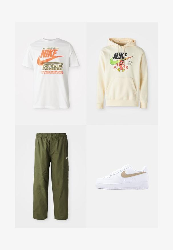 Sudadera con capucha en crema claro con un gráfico frontal que presenta un personaje, el logo de Nike y el texto "AIR". Bolsillo canguro y puños de canalé.; Camiseta de algodón blanca con un gran logo naranja de "NIKE" y texto verde que dice "SPORTSWEAR ENGINEERED" junto con especificaciones adicionales.; Pantalones cargo de Nike en verde oliva oscuro, con una cintura elástica, dos bolsillos laterales y una tela suave y ligera.; Zapatilla Nike Air Force 1 baja blanca con logo Swoosh beige, puntera perforada y suela de goma blanca sobre fondo liso gris claro.