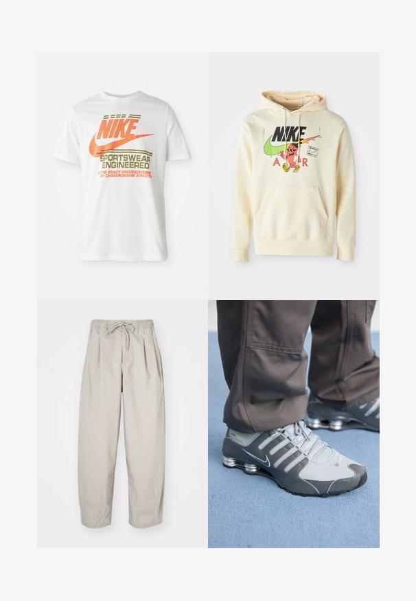 Sudadera con capucha en crema claro con un gráfico frontal que presenta un personaje, el logo de Nike y el texto "AIR". Bolsillo canguro y puños de canalé.; Camiseta de algodón blanca con un gran logo naranja de "NIKE" y texto verde que dice "SPORTSWEAR ENGINEERED" junto con especificaciones adicionales.; Pantalones ligeros color beige con cintura elástica y cordón de ajuste. Presentan pliegues y un corte holgado, elaborados con una tela suave y lisa.; Las zapatillas Nike Shox en gris y plata tienen un diseño elegante, con materiales de malla y sintéticos, punta redondeada y un collar acolchado.